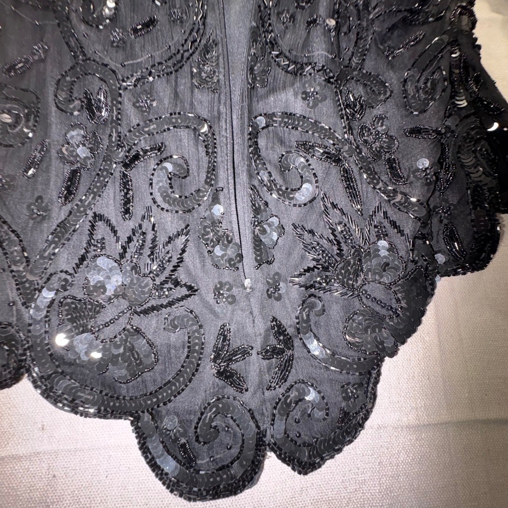 Laurence Kazar Black Silk Beaded Sequin Floral Evening Top Long Sleeve Large - Picture 11 of 12
